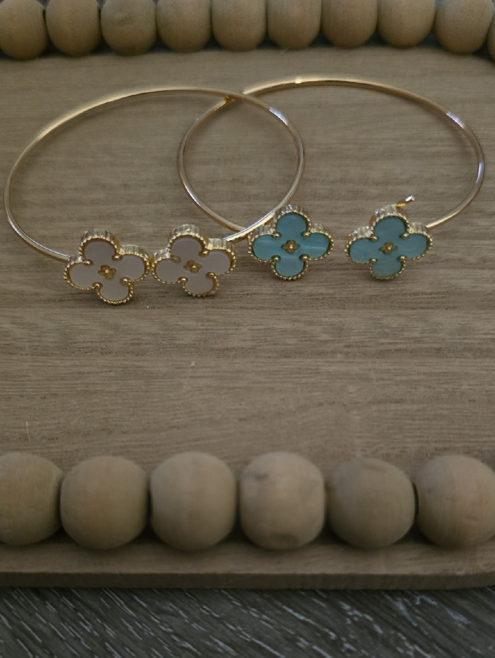 Gold Four-Leaf Clover Bangle Bracelet with White and Turquoise Enamel